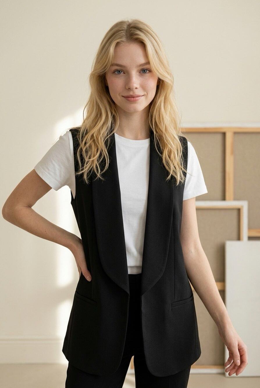 Black Mossimo Long Open Vest w/Lapel Size Large Women's